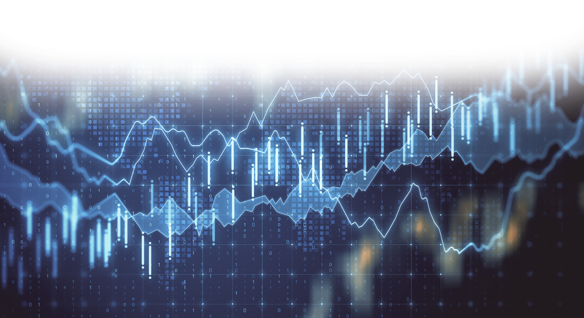 Digital screen with business statistics and stock data.